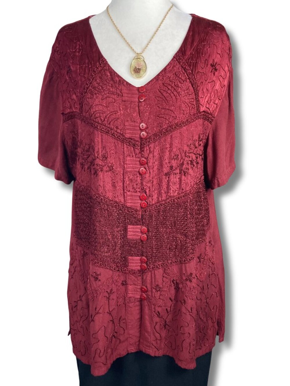 TRADITION Vintage burgundy floral embroidered short-sleeve tunic top LARGE XL 1X